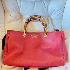 Gucci Red Leather Shoulder Bag with Bamboo Accents